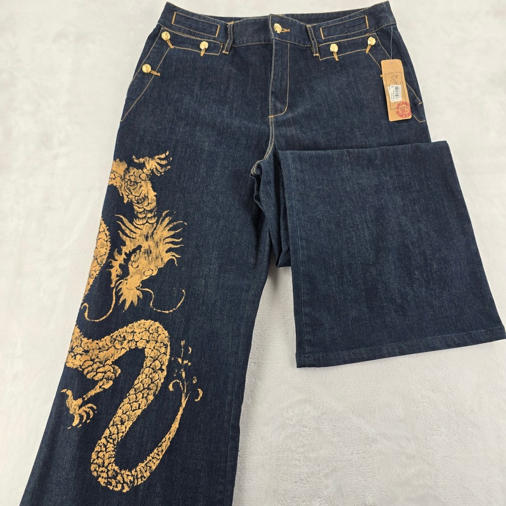 Lauren Jeans Co Ralph Lauren Womens 12 Jeans Blue Gold Dragon Wide Leg New